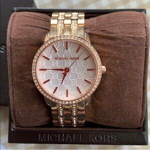Michael Kors Nini Rose Gold Crystals White Monogram Watch WATCH-MK3183